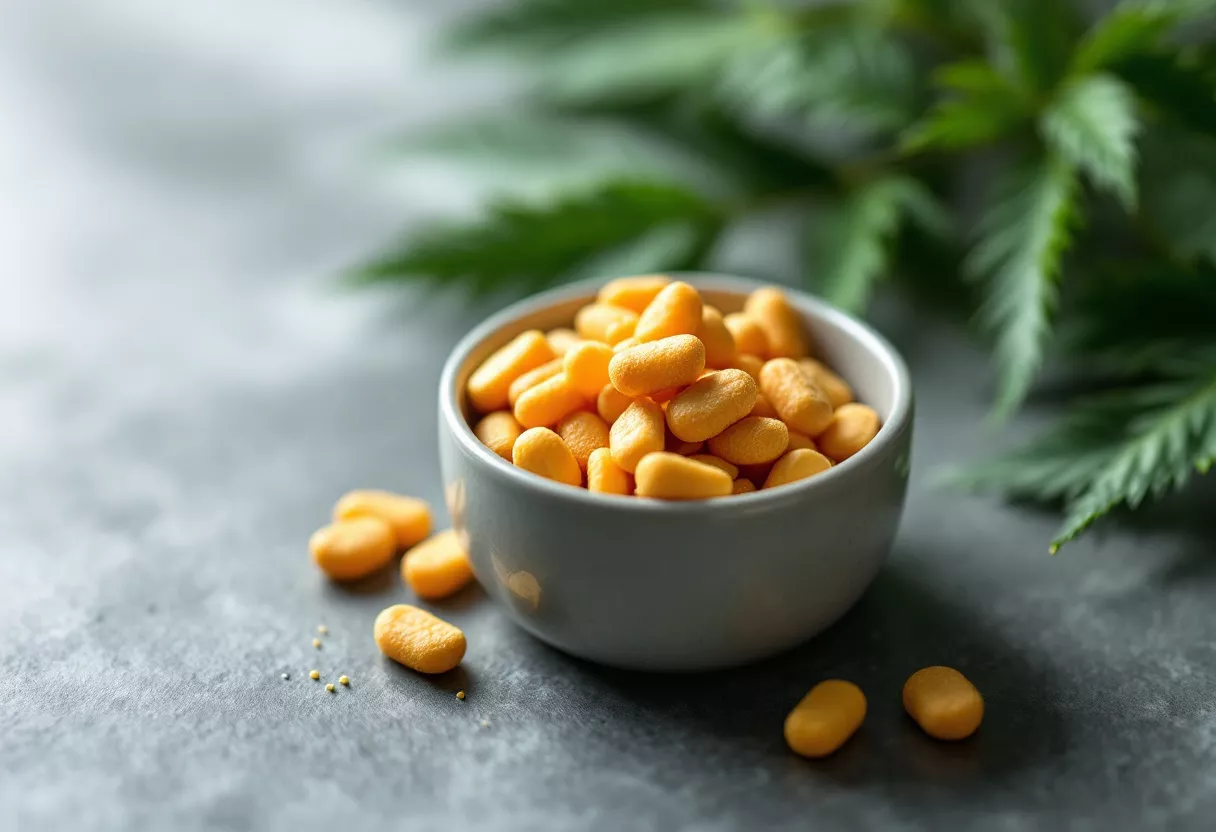 A bowl filled with yellow cannabis gummies on a surface
