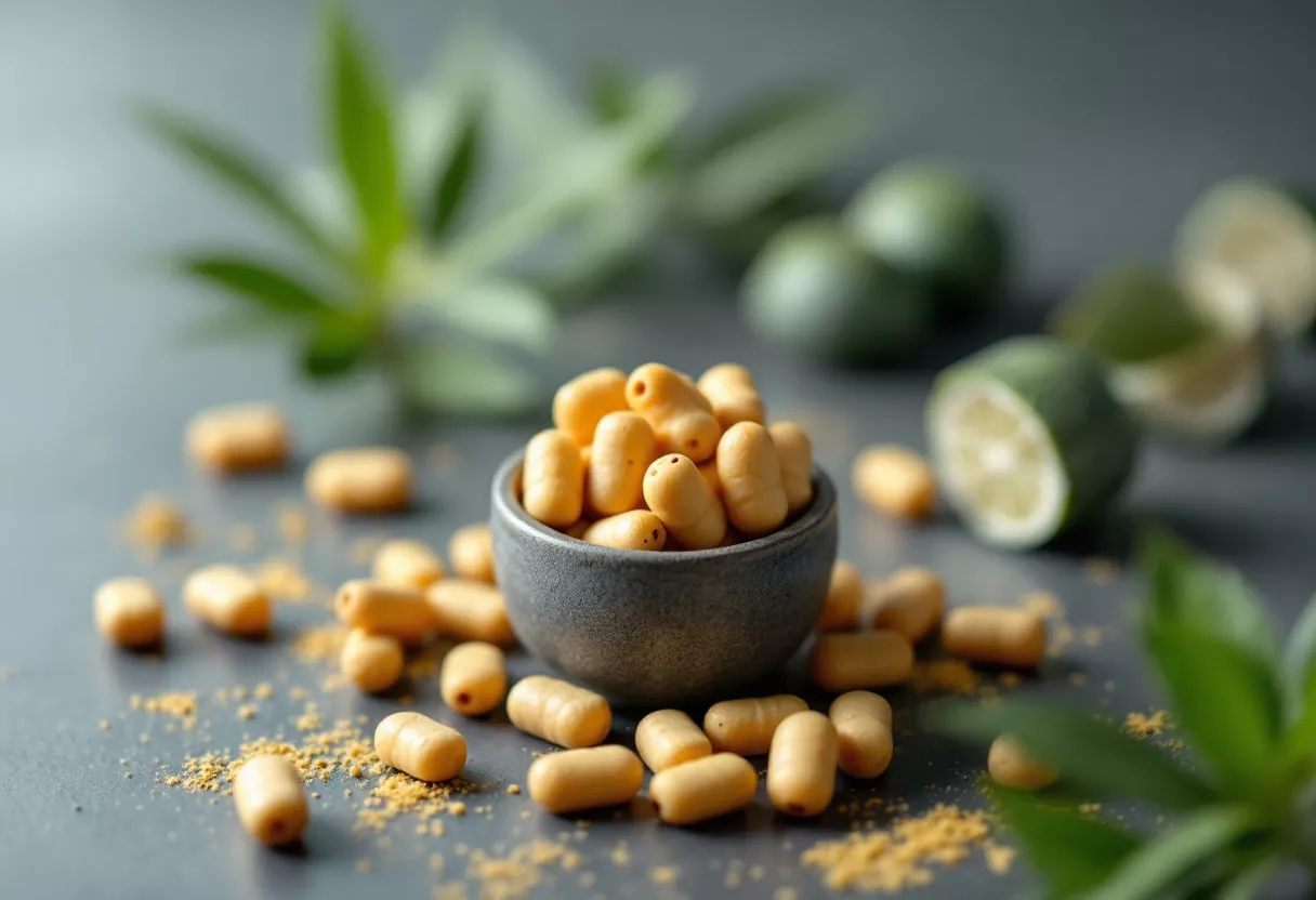Small yellow capsules scattered around a bowl