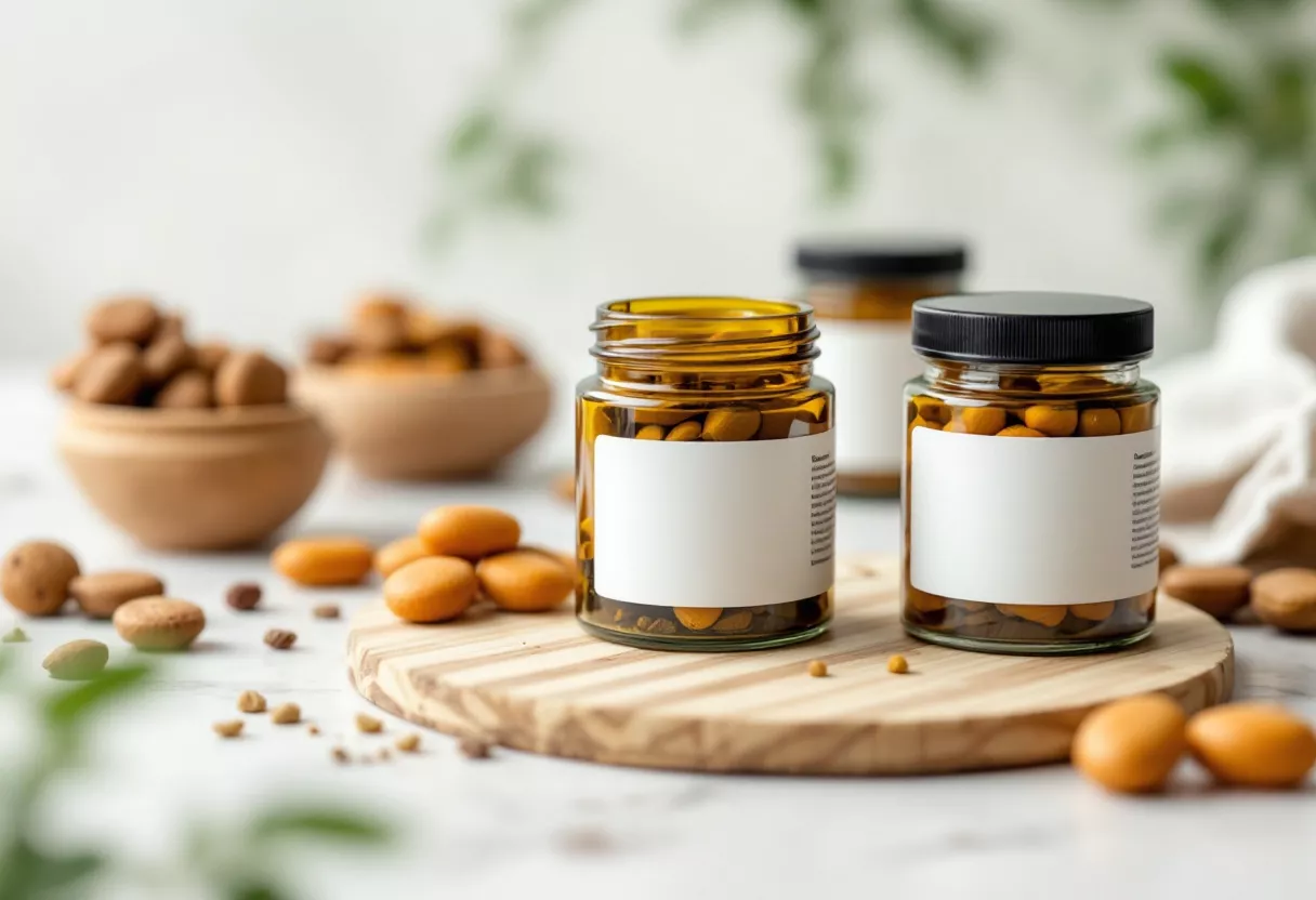 Two jars filled with almonds on a wooden cutting board