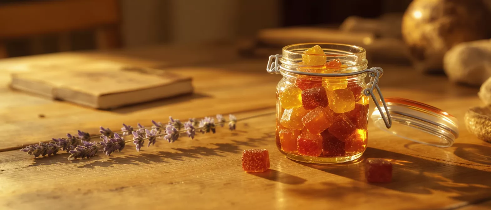 Gummies and Lavender on Table Jar of colorful gummies, lavender, and book on a sunlit wooden table.