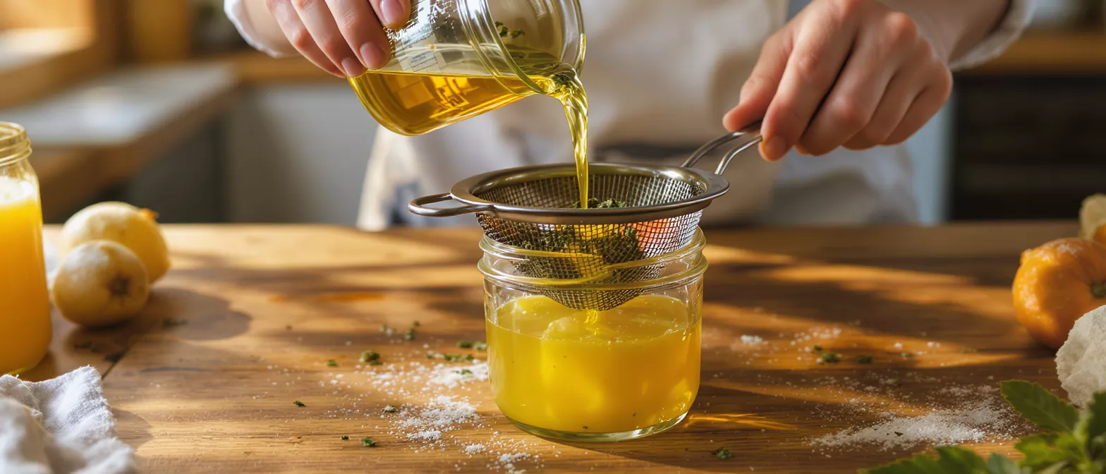 Hands pouring golden oil through a sieve into a jar on a wooden table.