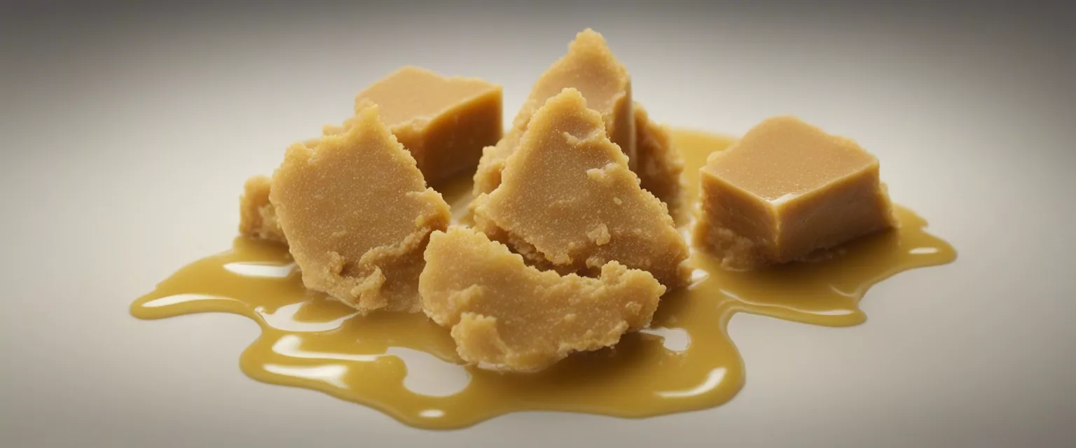 Golden THC cannabis concentrate with glossy, sticky texture in close-up view.
