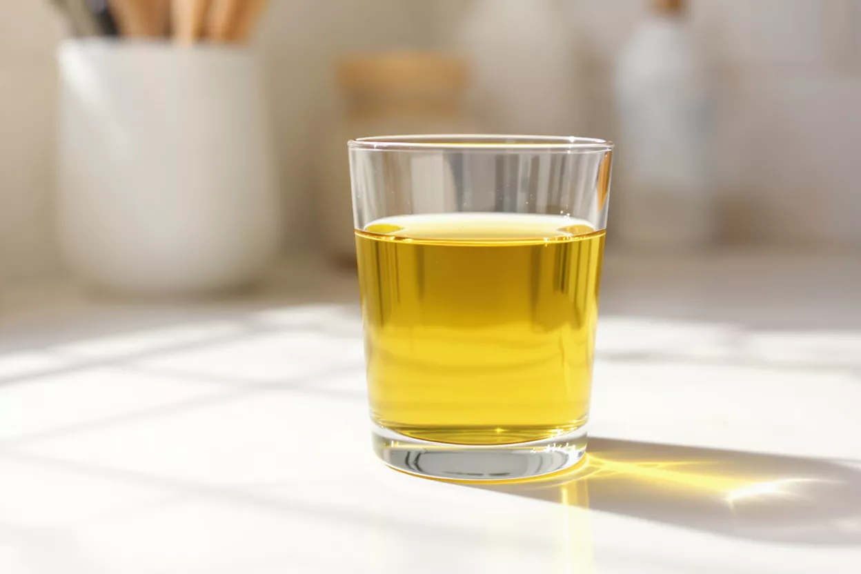 A clear glass filled with golden liquid, possibly oil or juice, on a white surface.