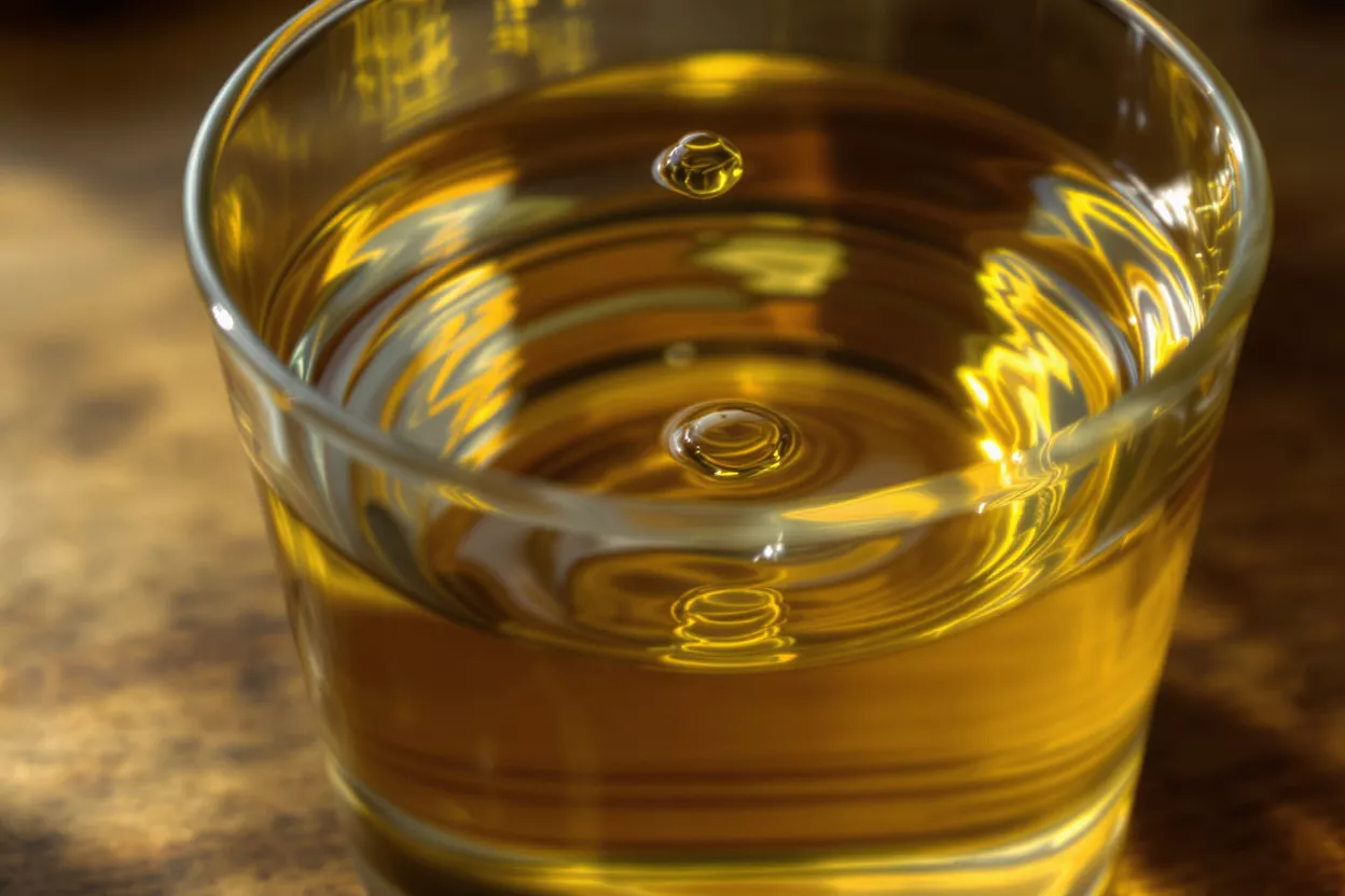 Close-up of a golden liquid in a glass with a drop suspended above.