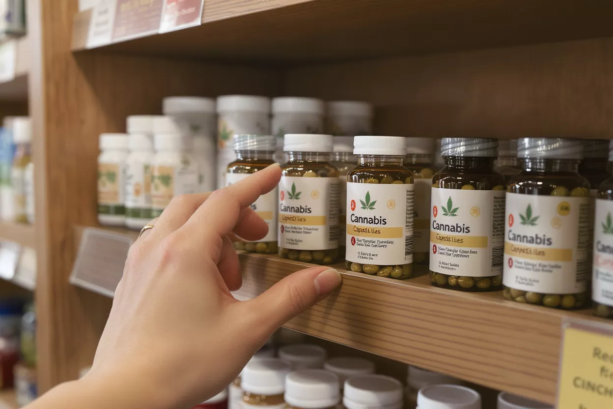 A hand reaches for a bottle of cannabis capsules on a wooden shelf in a store.