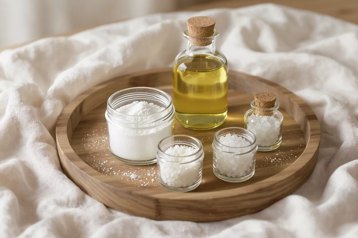 Various DIY skincare ingredients, including oil and different salts, on a wooden tray.
