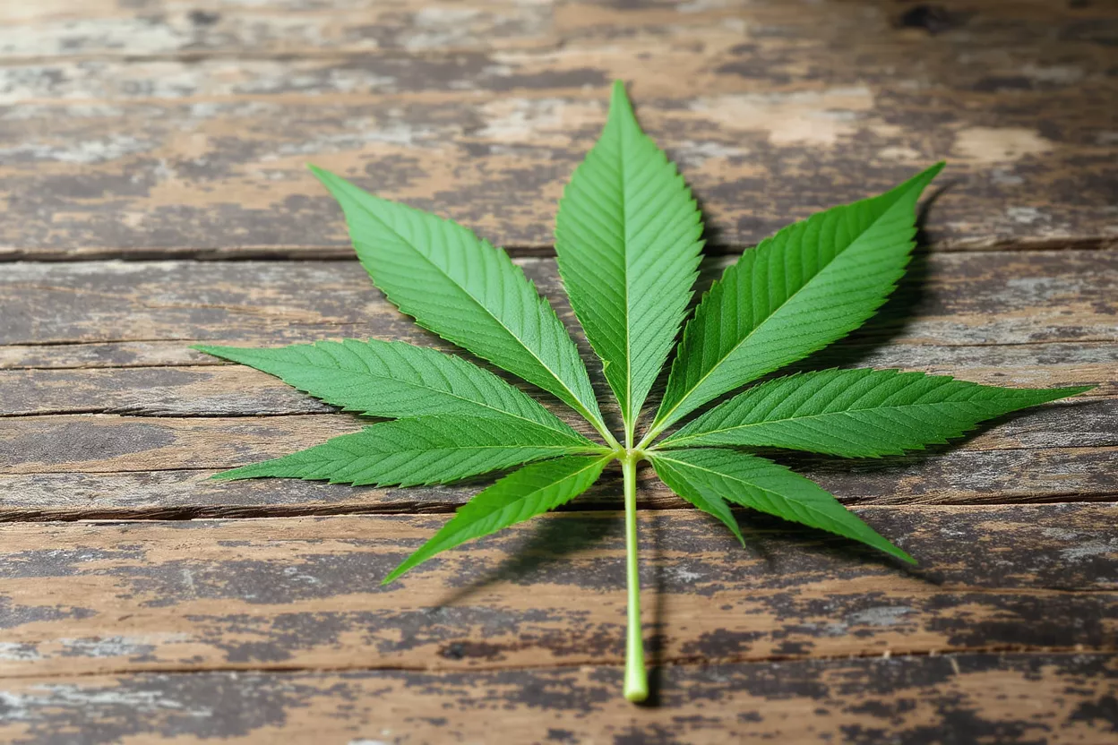 A green cannabis leaf resting on wooden surface