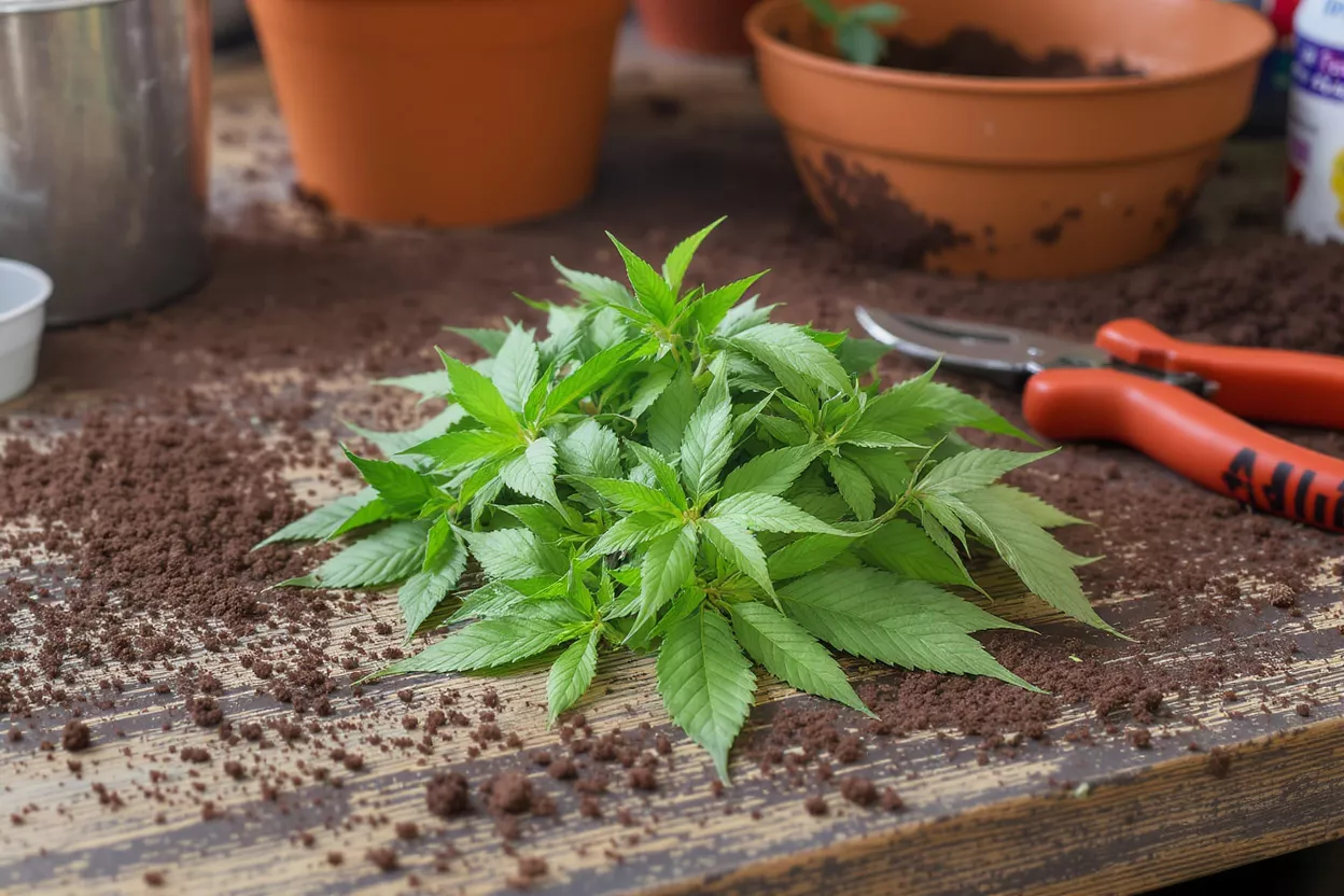 A pile of fresh green herbs on a wooden table