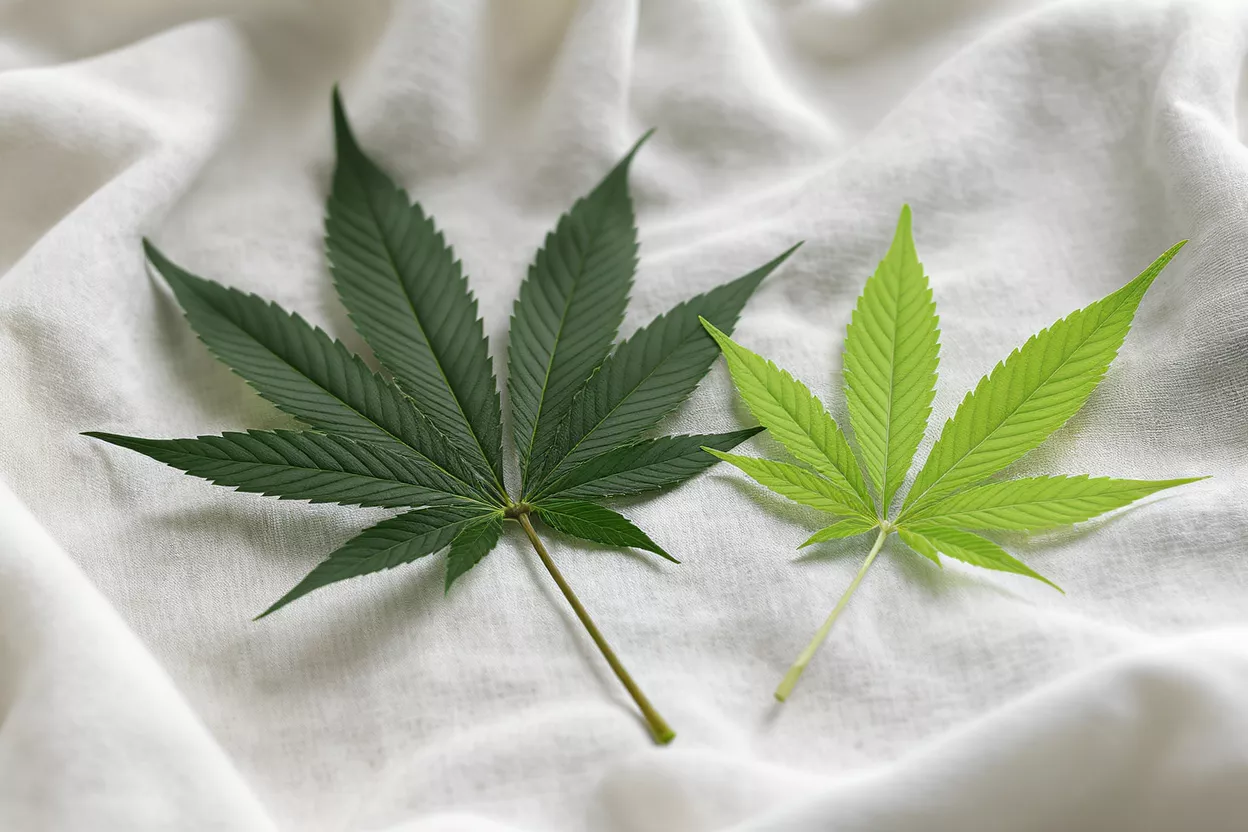Two cannabis leaves of different colors on fabric