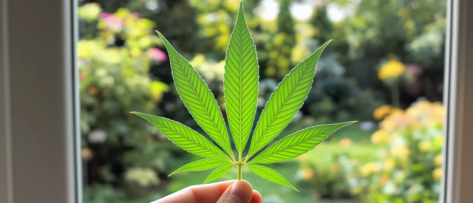 A hand holds a vibrant green cannabis leaf against a blurred outdoor background.