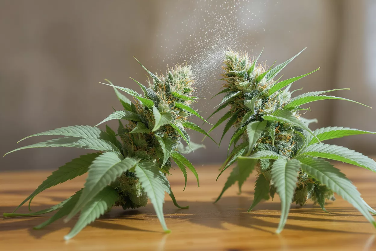 Two cannabis buds with leaves on a wooden table