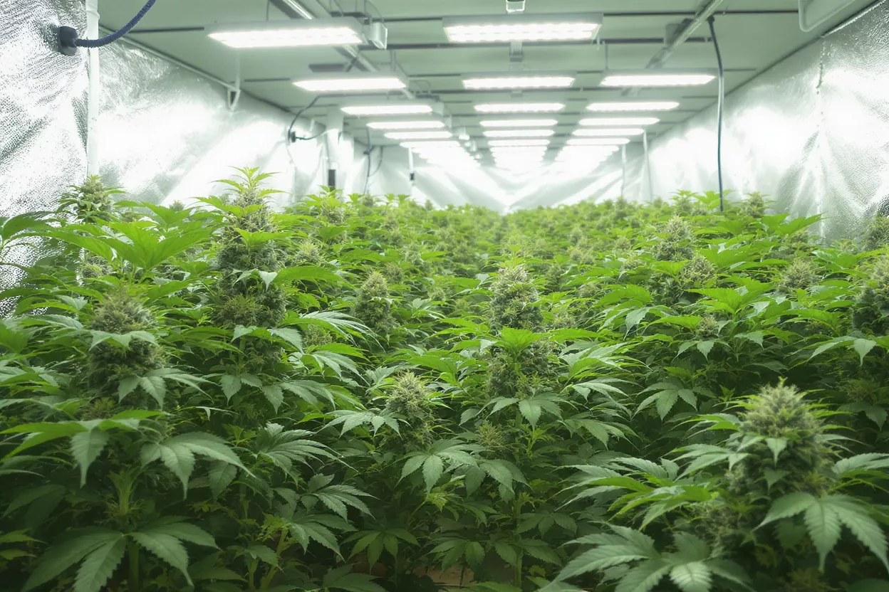 Lush cannabis plants growing indoors under lights