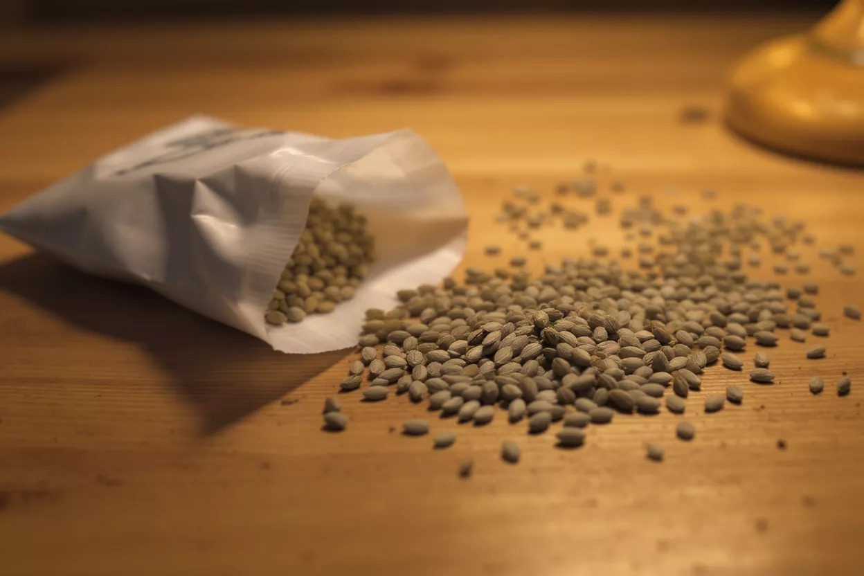 A packet of seeds spilled on a wooden surface