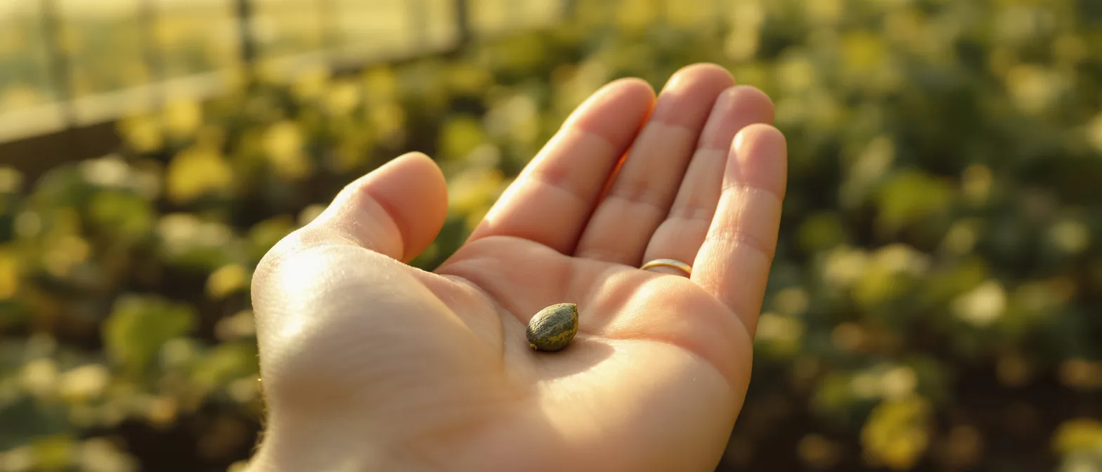 A hand holds a small, green seed against a blurred garden background.