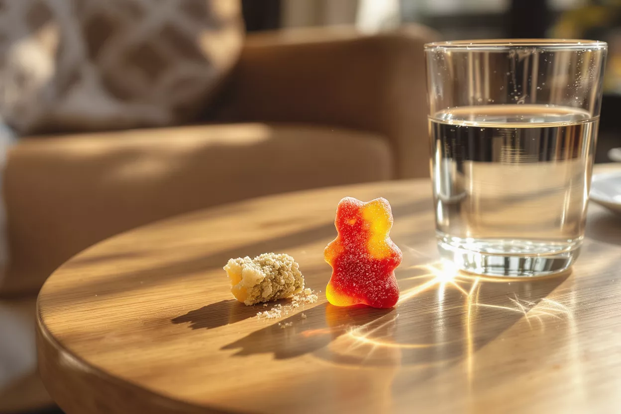 Un ourson rouge et jaune à côté d'un verre d'eau sur une table en bois.