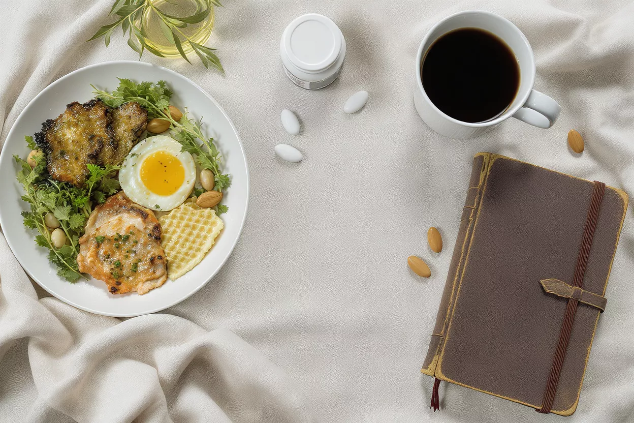 Vue plongeante d'un petit-déjeuner sain, d'un café et d'un journal sur une nappe claire.