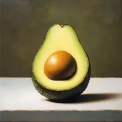 Realistic painting of a sliced avocado with rich texture and detailed lighting.