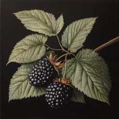 Beautifully detailed botanical illustration of ripe blackberries and green leaves on a black background.