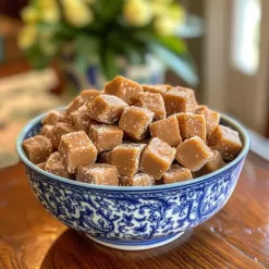 Caramel fudge in blue porcelain bowl with floral pattern on wooden table.