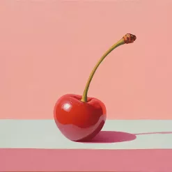 Minimalist painting of a vibrant red cherry with stem on pastel pink and blue background.