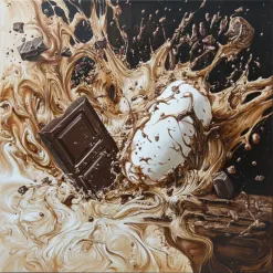 Dark chocolate block and truffle amidst swirling, creamy chocolate explosion.