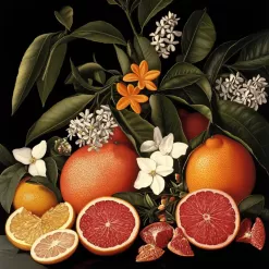 Lush still life of citrus fruits and flowers showcasing vibrant colors and natural textures.