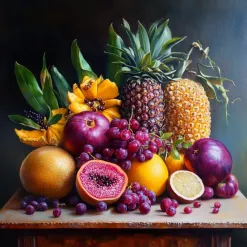 Vibrant still life painting of pineapples, bananas, pomegranates, lemons, grapes, and passion fruit.