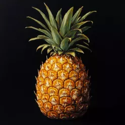 Realistic painting of a vibrant pineapple with green leaves on a dark background.