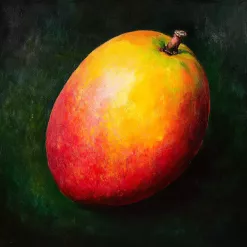 Realistic painting of a ripe mango against a dark background.