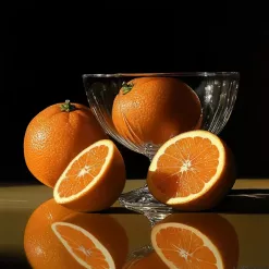 Still life of oranges with glass bowl, reflections, vibrant colors, against dark background.