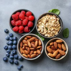 Healthy bowls with raspberries, blueberries, almonds, and oats on a minimalist background.