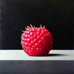 Hyper-realistic painting of a vibrant raspberry on white background, highlighting texture and light.