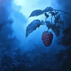 Ripe raspberry on branch with blue misty background, vibrant and detailed nature close-up.