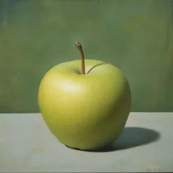 Realistic painting of a vibrant green apple on a soft green background.