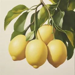 Branch of lemon tree with ripe yellow lemons and lush green leaves in natural sunlight.