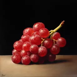 Vibrant red grapes with water droplets on a dark background, showcasing realism and freshness.