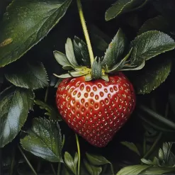 Close-up of a vibrant ripe strawberry with detailed seeds and lush green foliage.