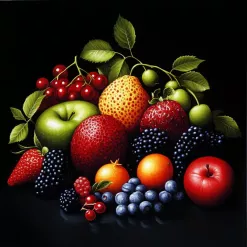 Vibrant still life of colorful, detailed fruits on a dark background.