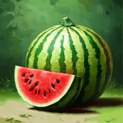 Realistic painted watermelon with green stripes and juicy red interior, evoking summer freshness.