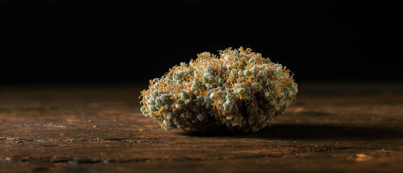 Close-up of a cannabis bud with trichomes on a dark wooden surface.