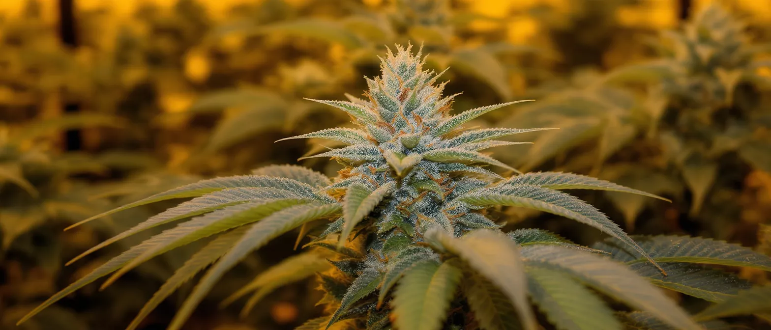 Close-up of a vibrant cannabis bud covered in trichomes, surrounded by leaves.