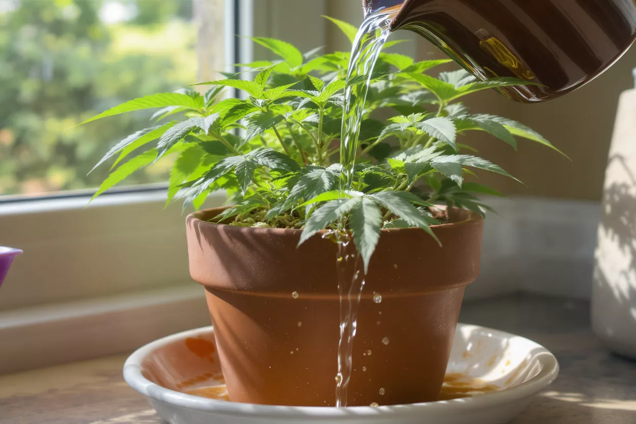 A person watering a potted plant indoors