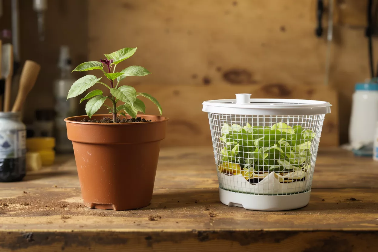 Two plants in pots on a wooden table
