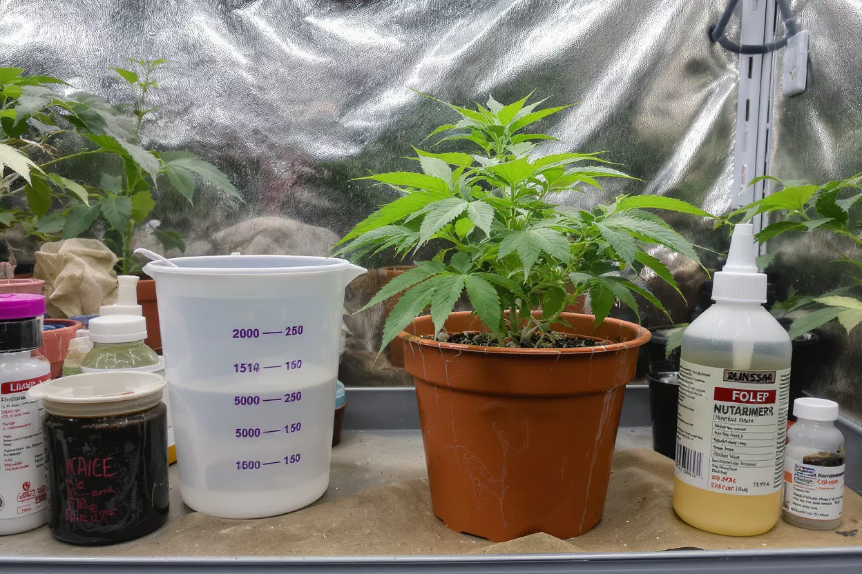A healthy plant surrounded by various gardening supplies