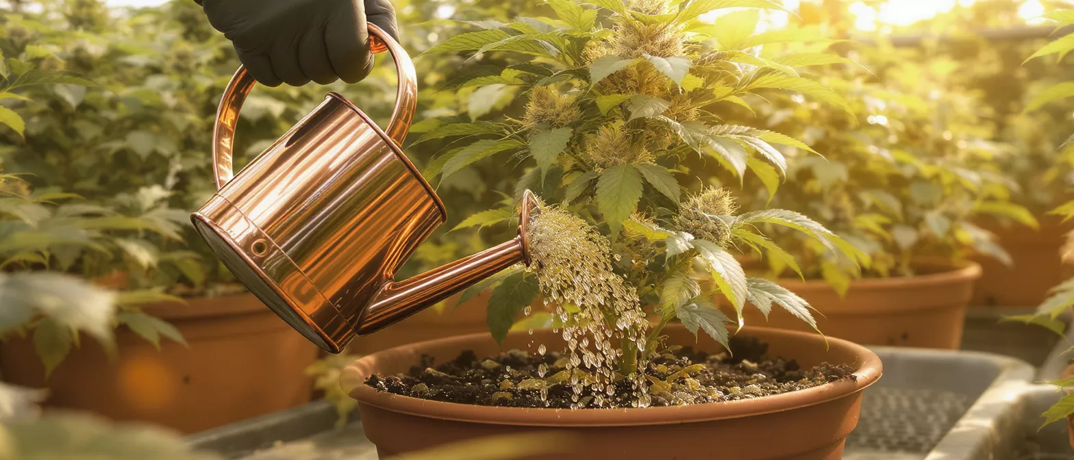 Gloved hand watering a cannabis plant in a pot with a copper watering can.