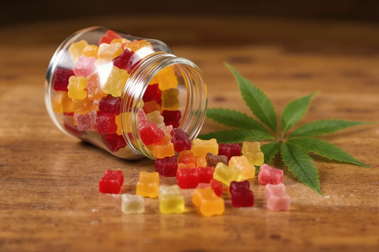 Ositos de gominola de CBD coloridos derramados de un frasco con una hoja de cannabis.