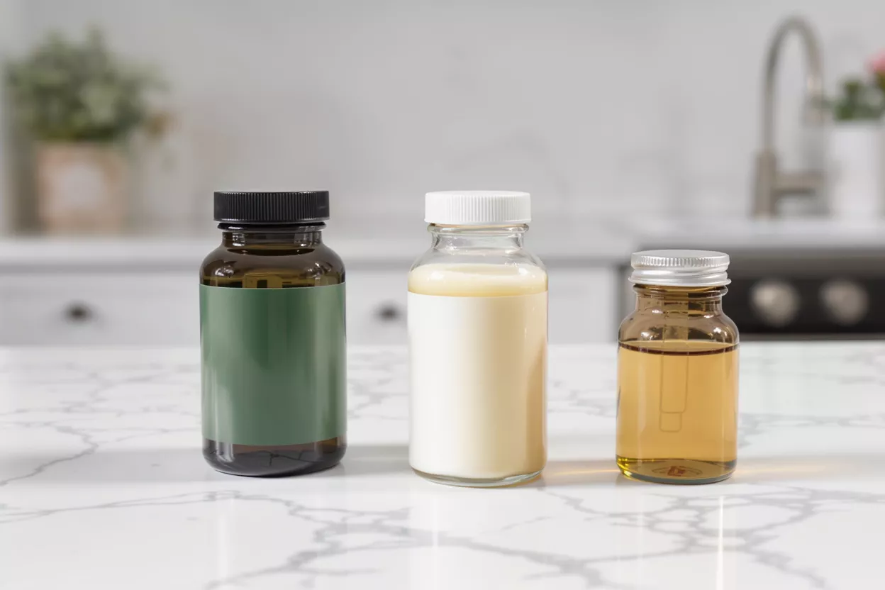 Tres botellas, una con etiqueta verde, una con líquido blanco, una con líquido ámbar.