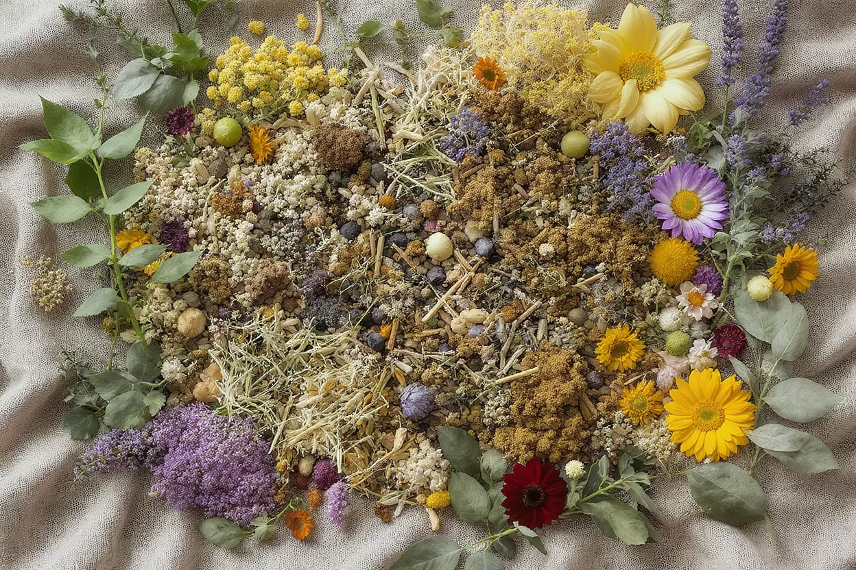 Vista cenital de una mezcla colorida de flores secas, hierbas y elementos botánicos.