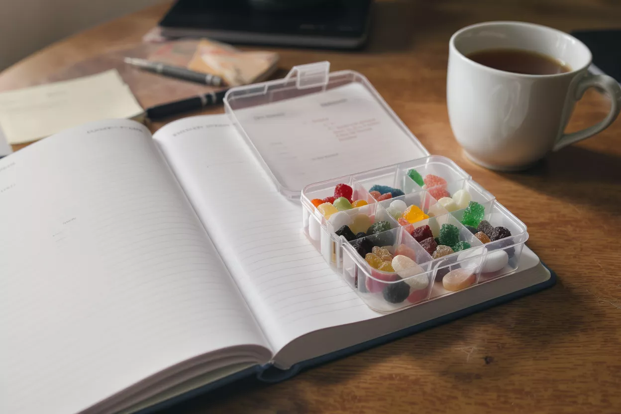 Gomitas coloridas en un recipiente transparente junto a un diario abierto y una taza de té.