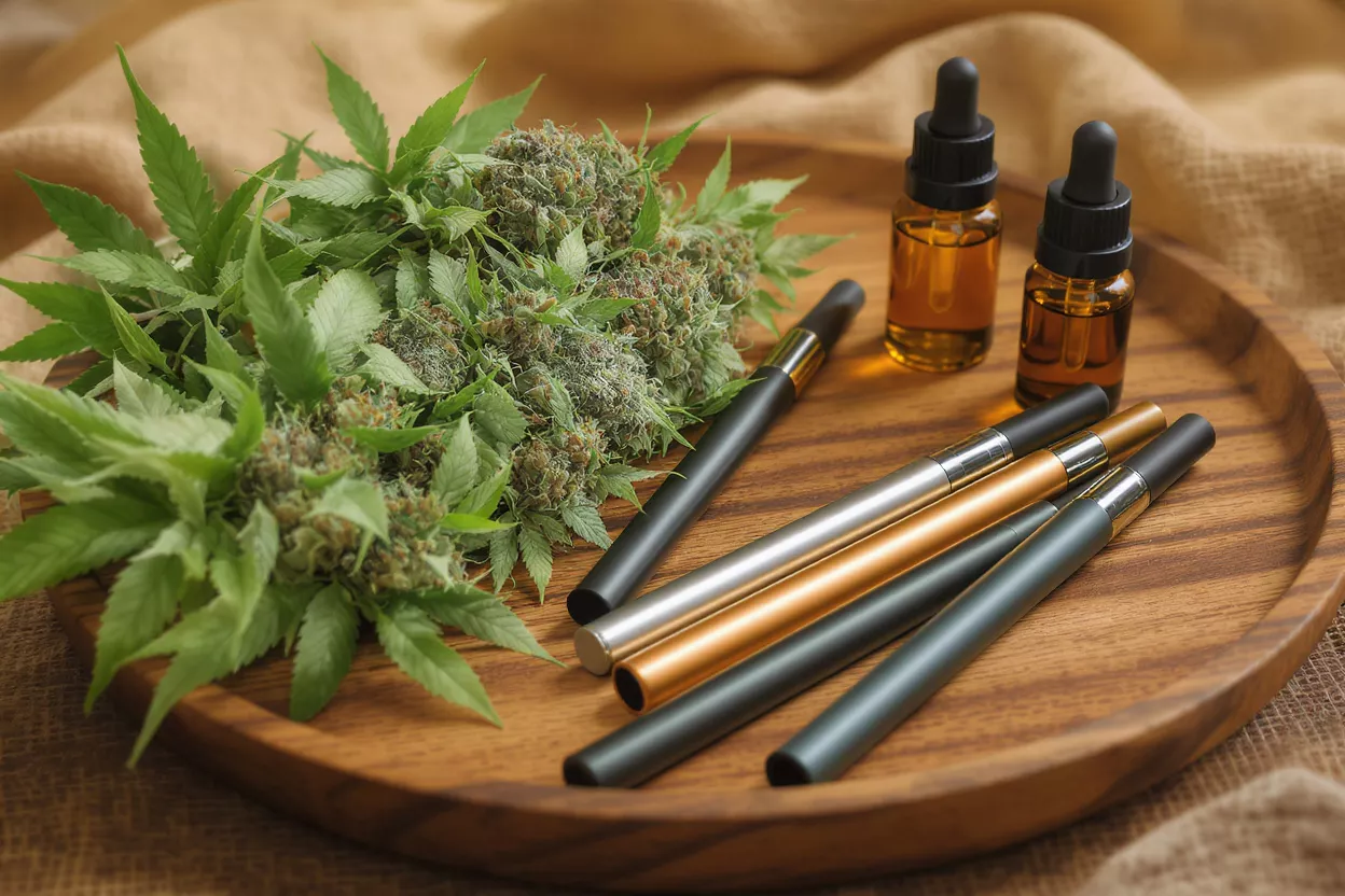 Cannabis buds, vape pens, and oil bottles arranged on a wooden tray.